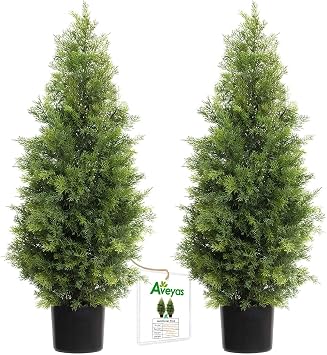 Aveyas 3ft Artificial Cedar Topiary Trees for Outdoor Front Porch Door, 3 Feet Faux Potted Plants Evergreen Fake Pine Cypress Tree for Outside Home Decor 3 ft Tall - Set of 2 Pack