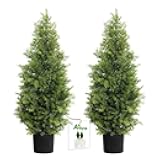 Aveyas 3ft Artificial Cedar Topiary Trees for Outdoor Front Porch Door, 3 Feet Faux Potted Plants Evergreen Fake Pine Cypress Tree for Outside Home Decor (3 ft Tall) - Set of 2 Pack