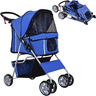 PawHut Cochecito Plegable Mascotas Carrito para Perros Gatos con Cuatro Ruedas Cesta de Almacenaje Ventanas y Portavasos Tela Oxford Marco de Acero 75x45x97 cm Azul