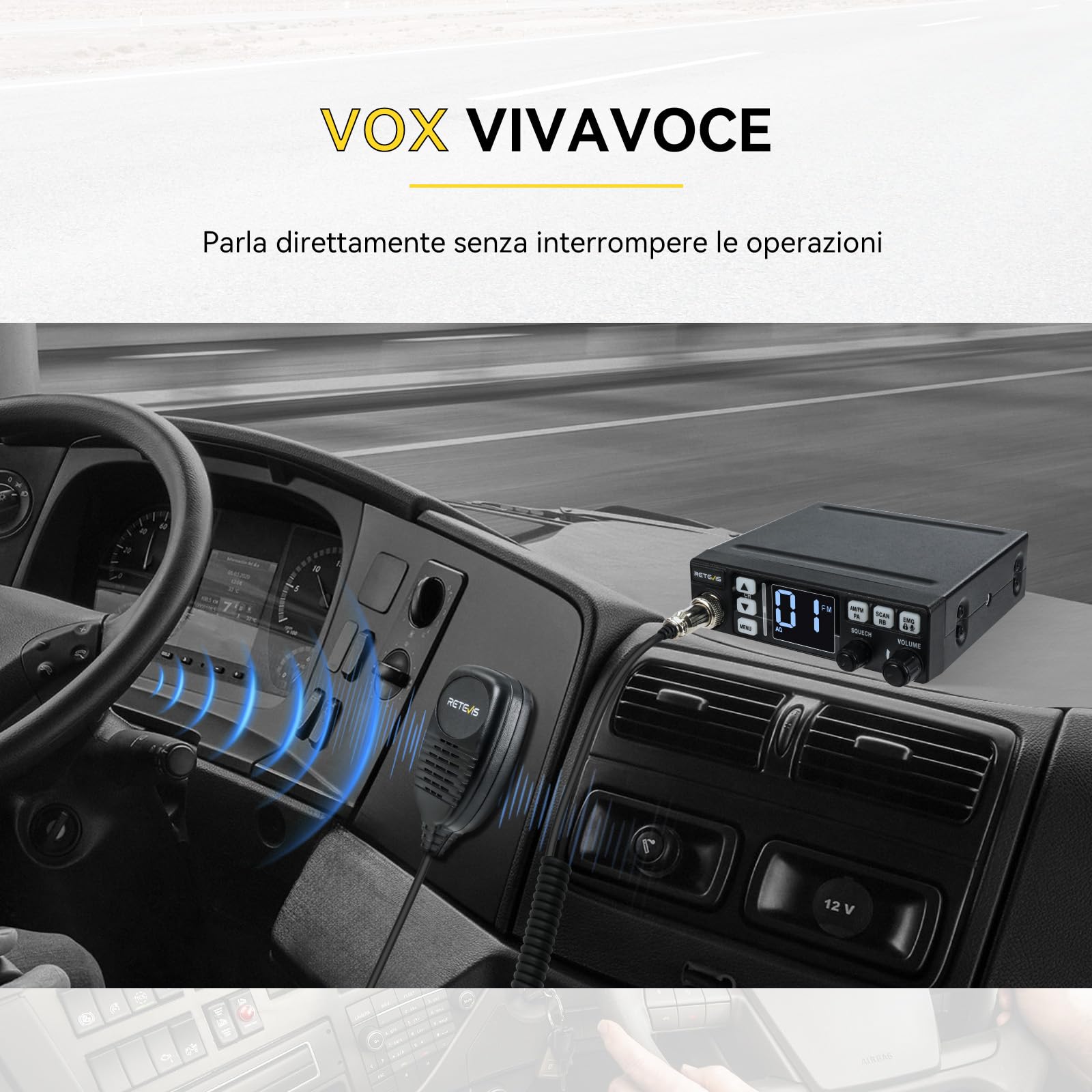 Retevis MB63 Radio CB Kit Completo con Antenna, Display LCD, AM/FM, ANL, Funzione PA, VOX, SQ/ASQ, EMG CH9/19, CB Radio Mobile per Auto (1 Pz, Nero)