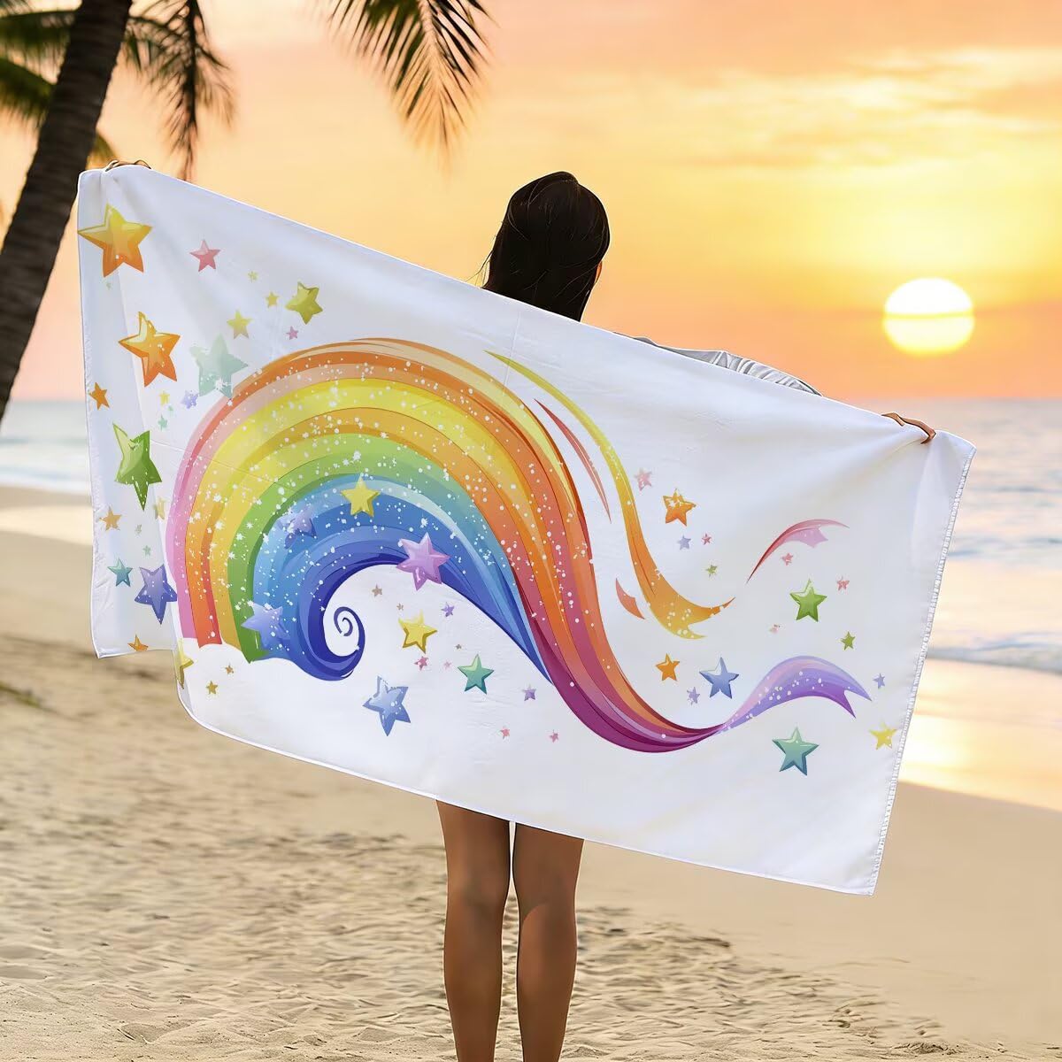 Telo Mare Microfibra, Telo Mare Grande 90x200cm 2 Pezzi, Asciugamano Palestra Donna Asciugatura Rapida, Antisabbia Asciugamano Microfibra, Leggero Asciugamani Palestra per Regalo (Arcobaleno) -4516