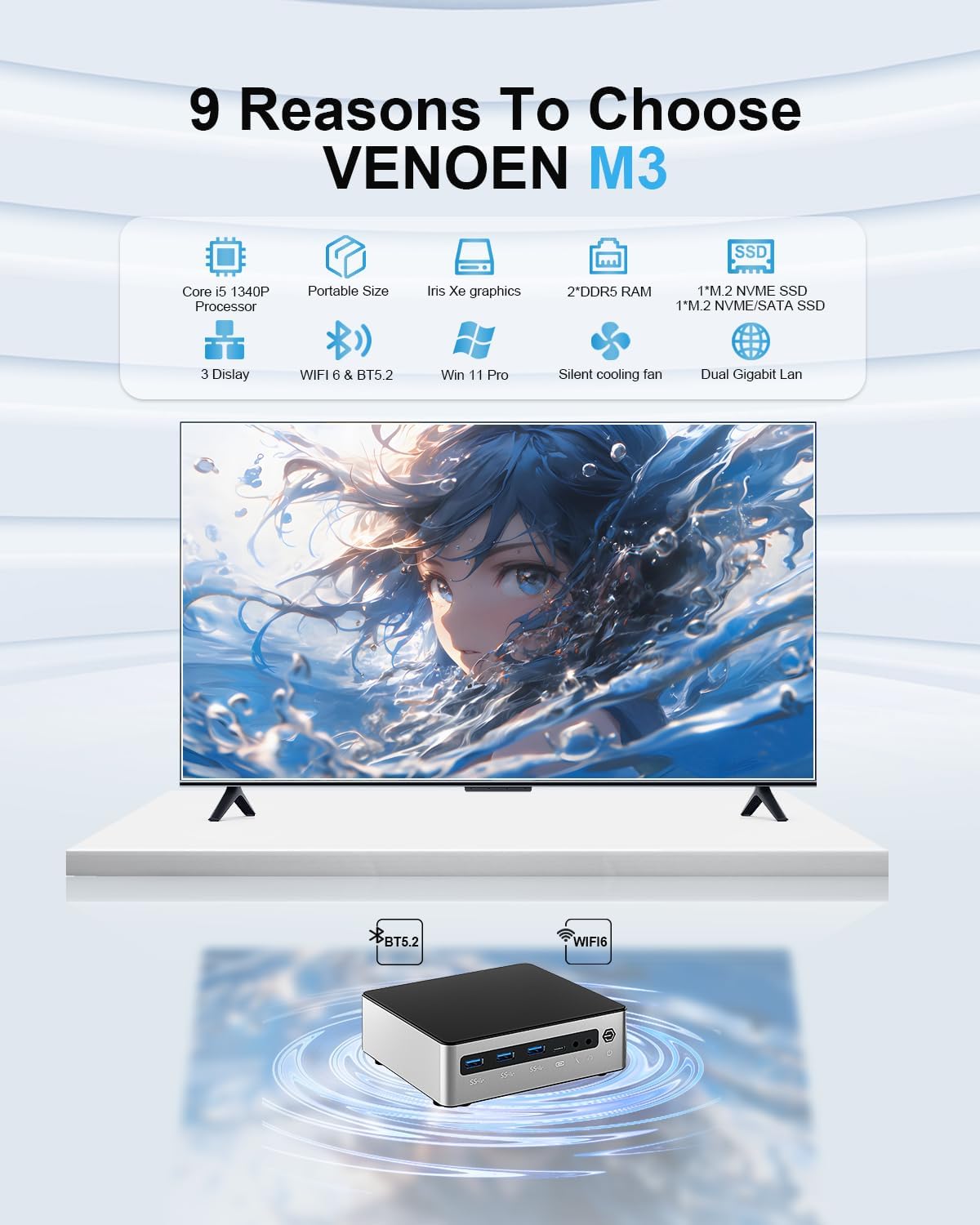 VENOEN NUC Mini PC Core i5 1340P Business Mini PC Win 11 Pro, 32G DDR5 1TB NVME SSD Mini Office PC 8K HTPC, HD/DP/USB-C Triple Display, 2 LAN/WiFi 6/BT 5.2/Auto Power On/Wake On LAN