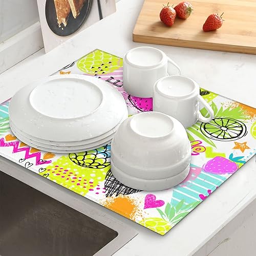 Miniatura 8 de Tapete de secado de platos colorido con patrón de frutas para cocina, 16 x 18 pulgadas, tapete de drenaje de platos absorbente de microfibra con