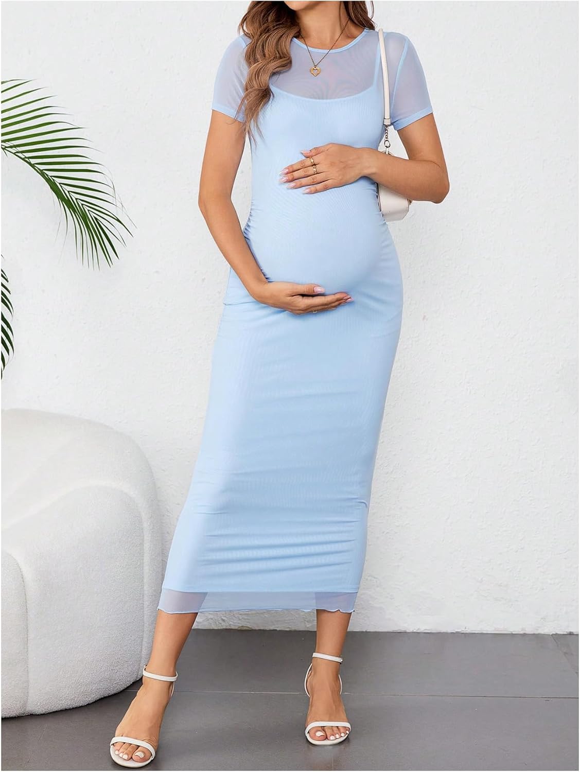 OYOANGLE Women's Maternity Dress Sheer Short Sleeve Crew Neck Bodycon Long Dresses