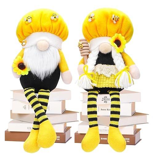 Bumble Bee Gnomes Plush Long Feet Spring Summer Sunflower Scandinavian Tomte Elf Table Ornaments 13inch Faceless Dwarf Figurines for Home Kitchen Shelf World Bee Day Tiered Tray Decorations (2PCS) - 2pcsc