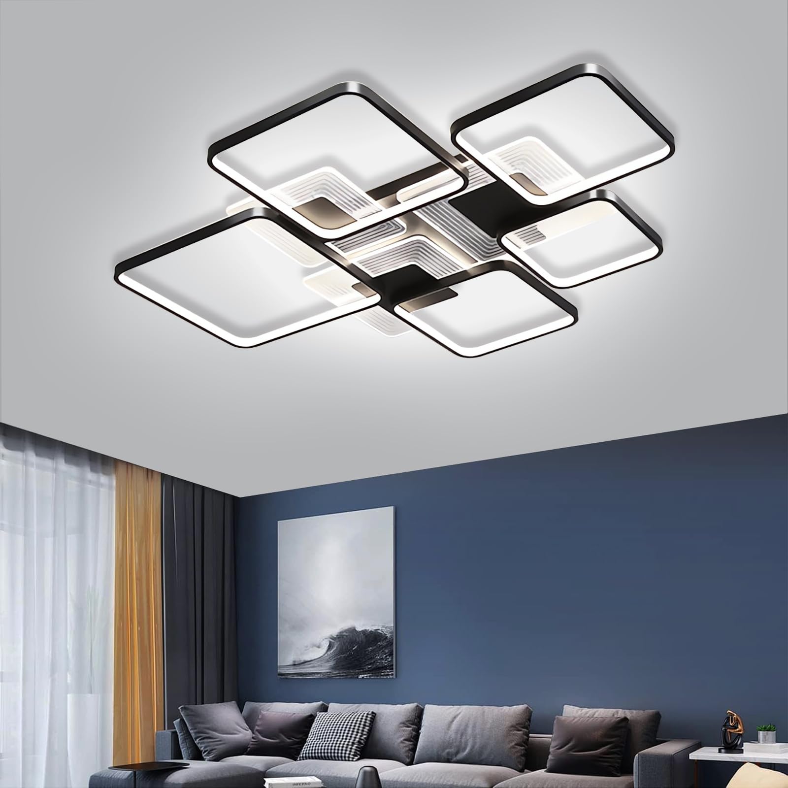 Nowoczesna lampa sufitowa LED Ściemnialna lampa sufitowa do jadalni Lampa do salonu z pilotem Podtynkowe oświetlenie sufitowe do salonu Sypialnia Kuchnia Biuro Przedpokój (Czarny, 91CM)