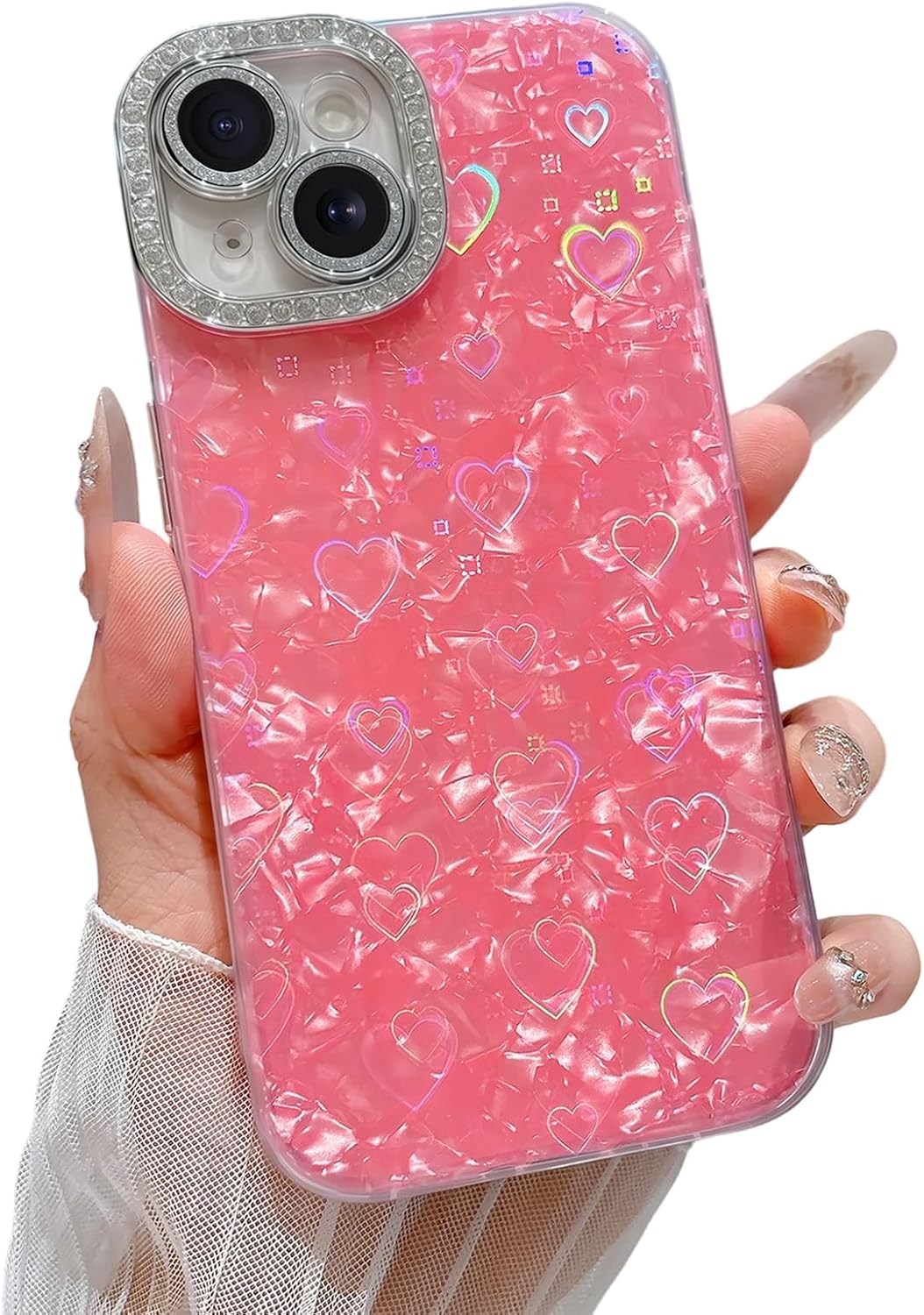 for iPhone 15 Case Cute Holographic Heart Shell - Hot Pink