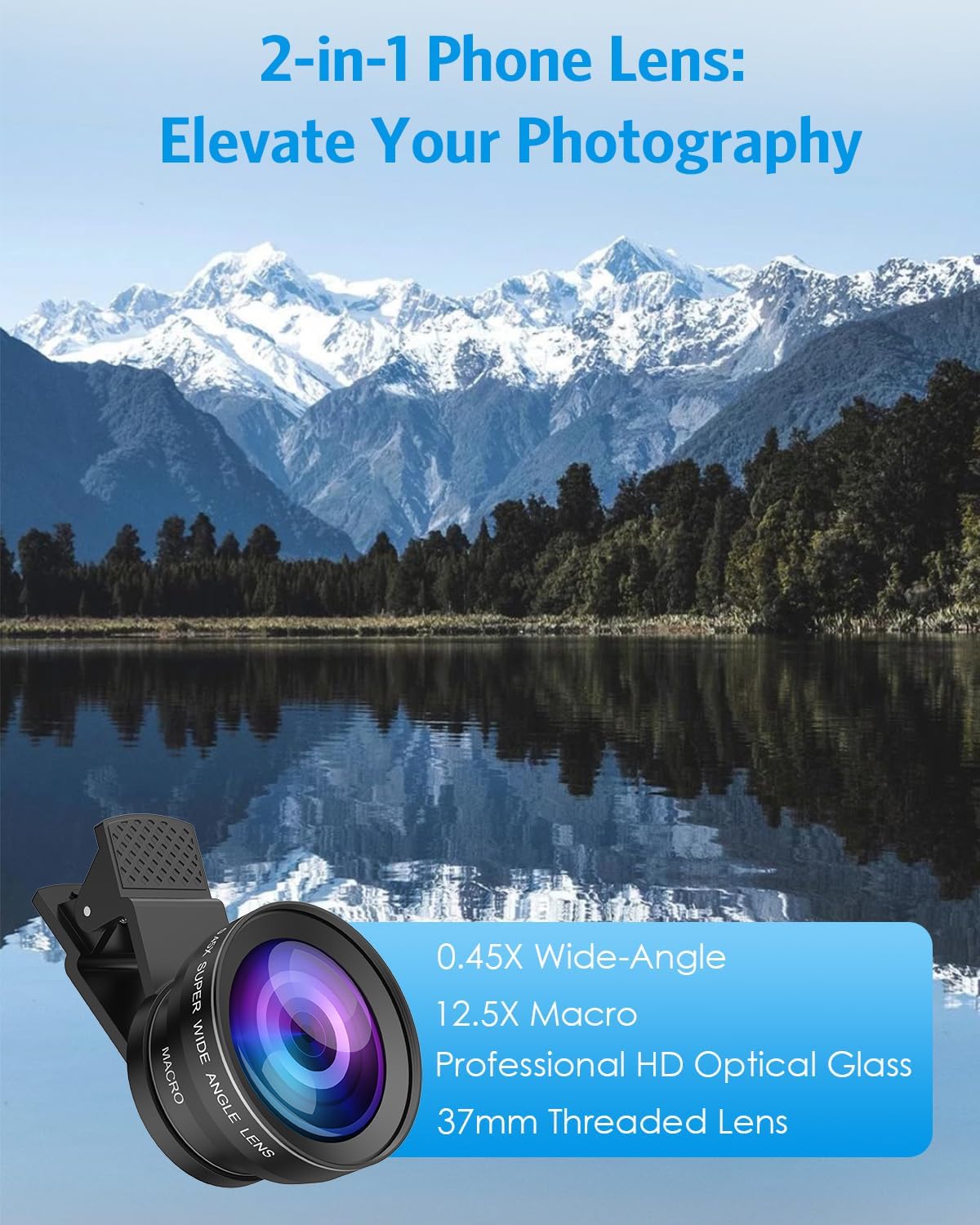 Phone Camera Lens Kit, Upgraded 0.45X Super Wide Angle Lens, 12.5X Macro Lens for iPhone, 2-in-1 Professional Clip-On Phone Lens Compatible with iPhone, Samsung, Android Smart Phone
