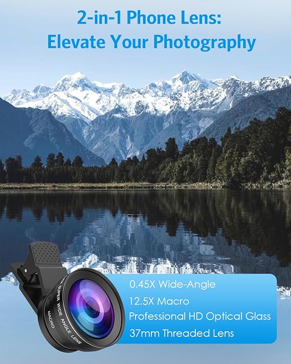 Phone Camera Lens Kit, Upgraded 0.45X Super Wide Angle Lens, 12.5X Macro Lens for iPhone, 2-in-1 Professional Clip-On Phone Lens Compatible with iPhone, Samsung, Android Smart Phone