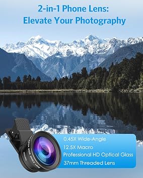 Phone Camera Lens Kit, Upgraded 0.45X Super Wide Angle Lens, 12.5X Macro Lens for iPhone, 2-in-1 Professional Clip-On Phone Lens Compatible with iPhone, Samsung, Android Smart Phone