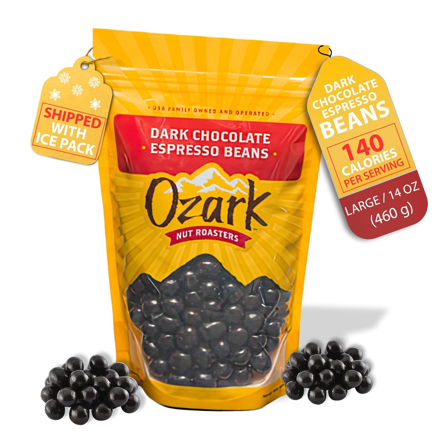 OZARK NUT ROASTERS, Dark Chocolate Espresso Beans, Coffee-Flavored Snacks, World-Class Gourmet Dark Chocolate Coffee Beans, 14 oz, Pack of 1