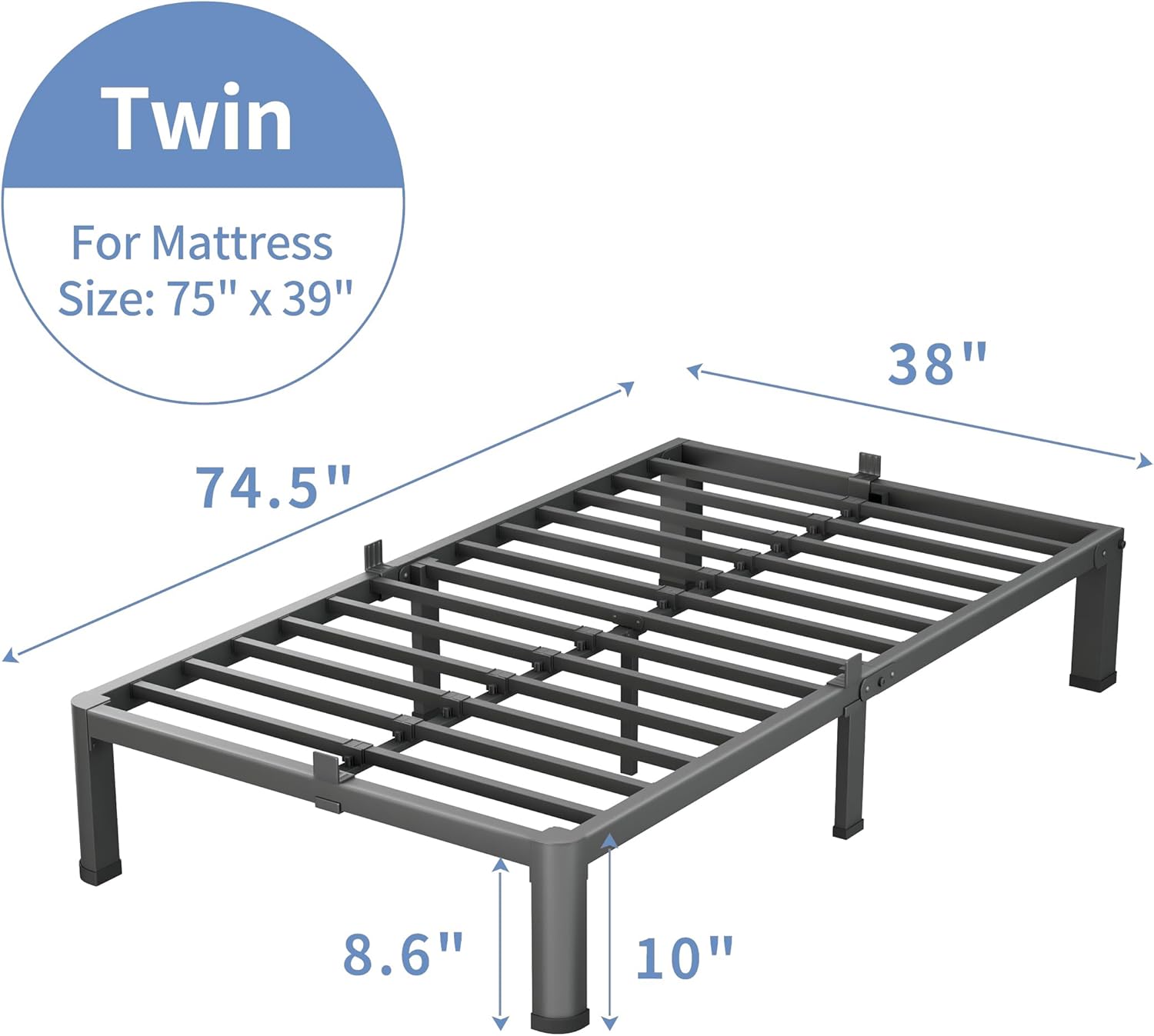 10 Inch Twin Size Bed Frame, 3500Lbs Heavy Duty Metal Platform with Round Corner Legs Mattress Slide Stopper, Steel Slat Support No Box Spring Needed, Noise Free, Non-Slip, Easy Assembly - Image 3
