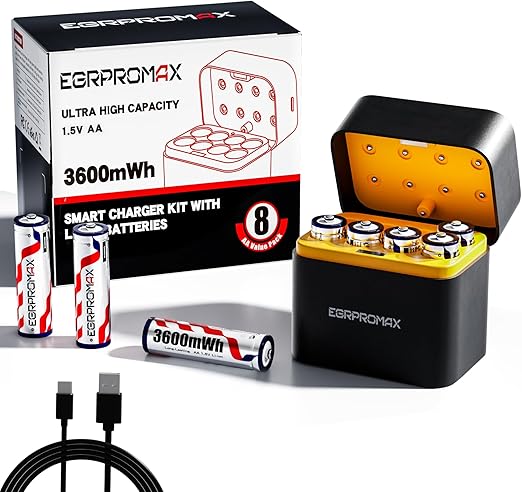 Rechargeable aa Batteries Lithium 8 Pack with Fast Charger,1.5V 3600mWh High Capacity aa Lithium Batteries,Constant Output Li-ion Double a Batteries,2500+ Cycle Life, 2.5H Fast Charging