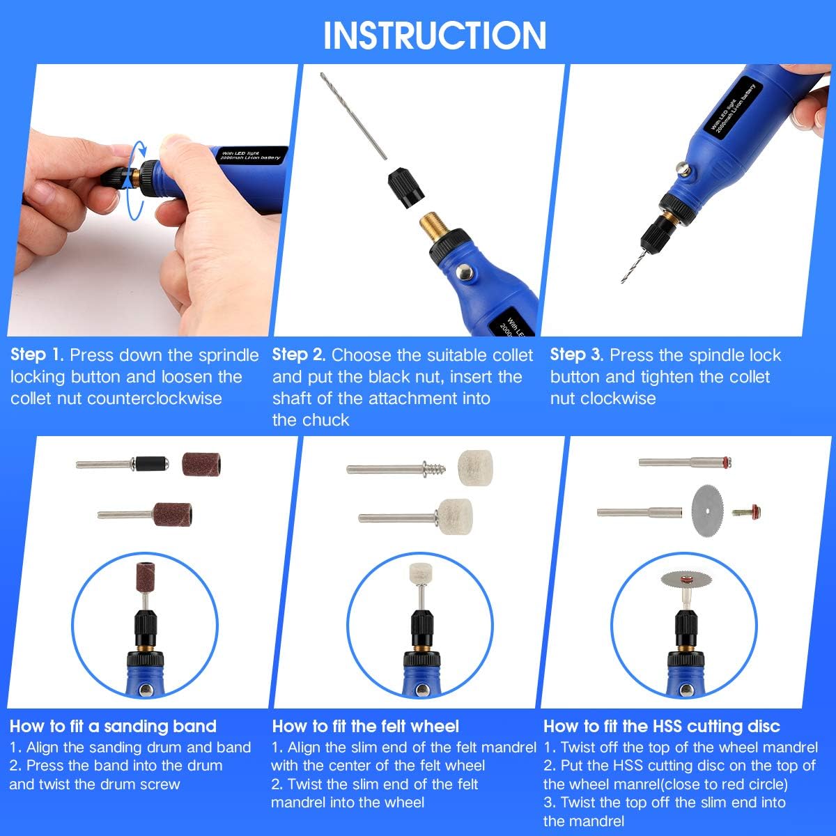 BYWOKY Cordless Rotary Tool, 3.7V Li-ion Mini Power Rotary Tool 5-Speed with 2.0 Ah Battery, Front LED Lights and 42pcs Accessories Kit for Drilling, Carving, Engraving, Sanding, Polishing and Cutting - - 