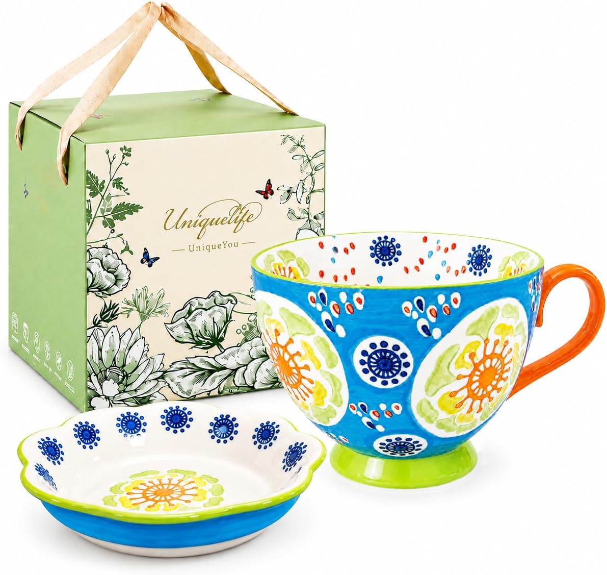 UniqueLife 19 oz Soup Bowl with Handle & Flower Lid-Tray, Ocean Blue