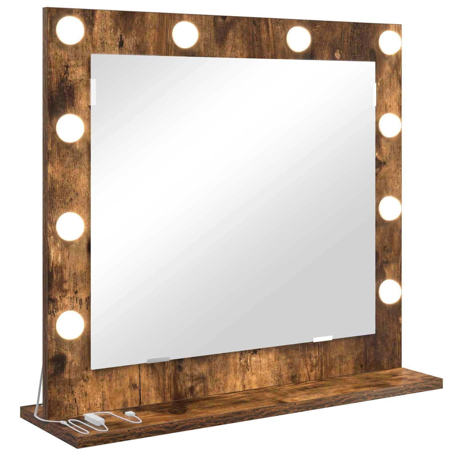 KGHFDVB LED Vanity Mirror Smoked Oak 60 x 55 x 18 cm, Rectangular Plane Mirror with Integrated Warm White LED Strip Lights, USB Powered for Energy Efficiency, Glass and Engineered Wood