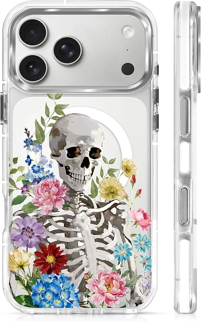 for iPhone 17 Pro Max/iPhone 18 Pro Max Case [Compatible with Magsafe],Girls Women Clear Magnetic Case Silicone Shockproof Protective Cover with Pattern Flowers Skull