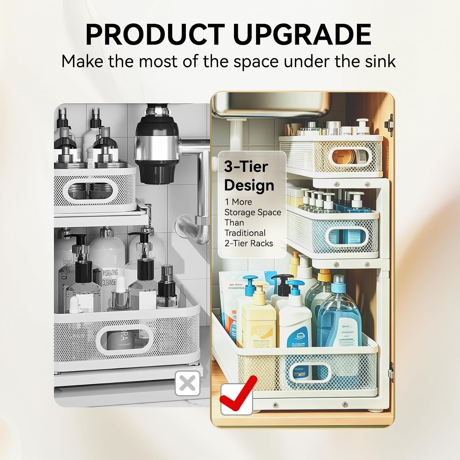 2 Pack 3 Tier Under Sink Organizer with Pull Out Drawer, Height Adjustable Heavy Duty Metal Under Cabinet Organizer, Smooth Sliding Storage Shelf for Kitchen, Bathroom Cabinet Organization, White