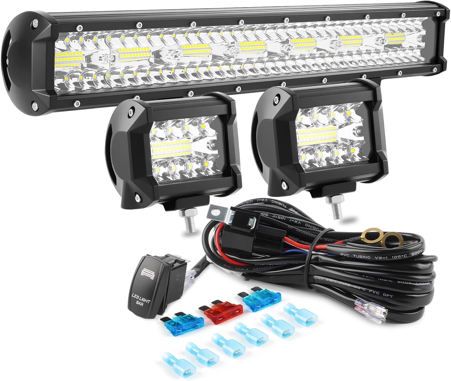 20 Inch 420W Off Road LED Light Bar 2PCS 60W 4Inch LED Pods with 16AWG Wiring Harness Kit-3 Lead, Triple Row Spot Flood Combo LED Work Driving Auxiliary Light Bar for Truck Tractor ATV UTV Jeep Boat