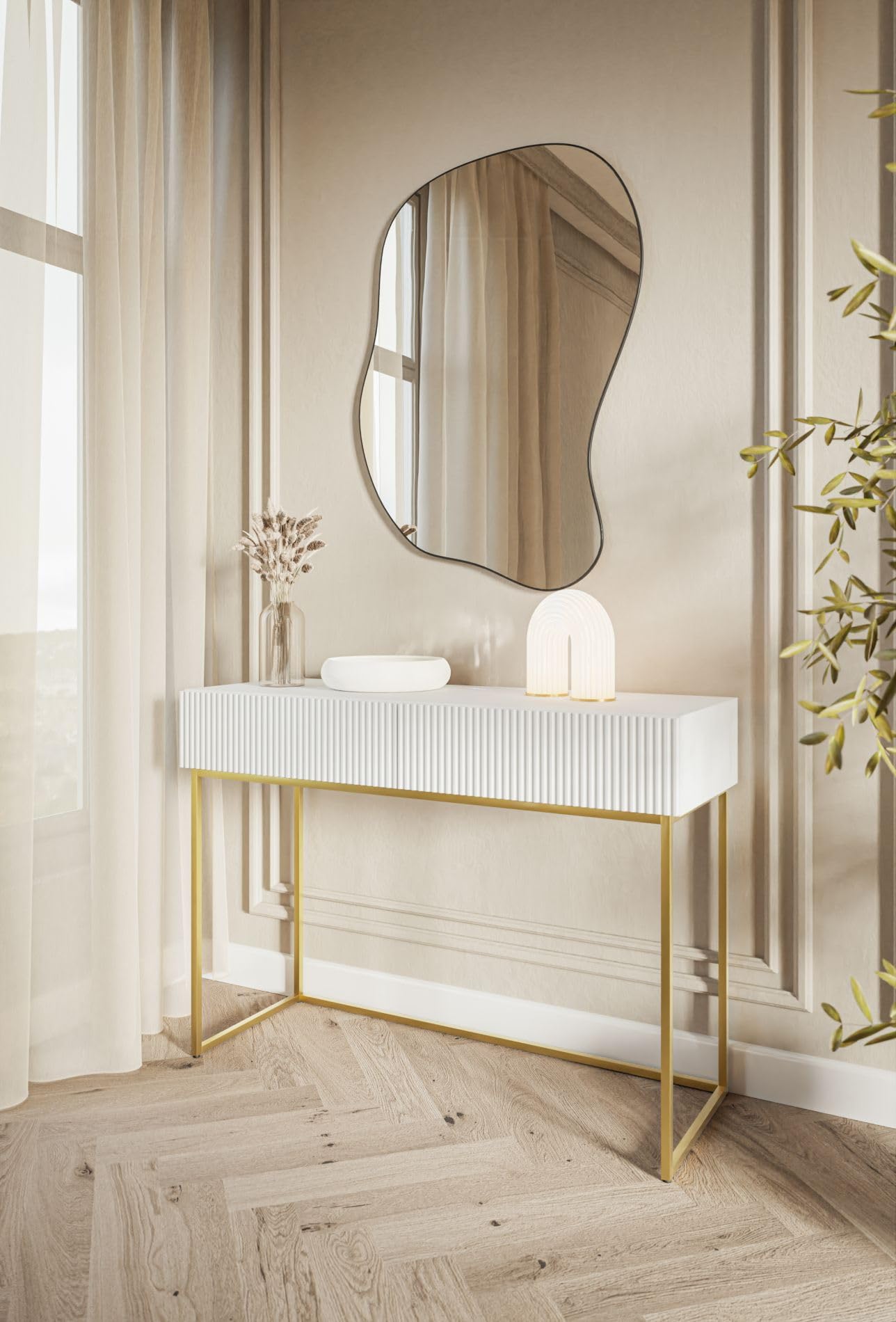 Selsey Toeletta Da Trucco Con 2 Cassetti 110 x 79 cm Con Gambe Dorate Tavolo Da Trucco Postazione Trucco Bianco Veldio