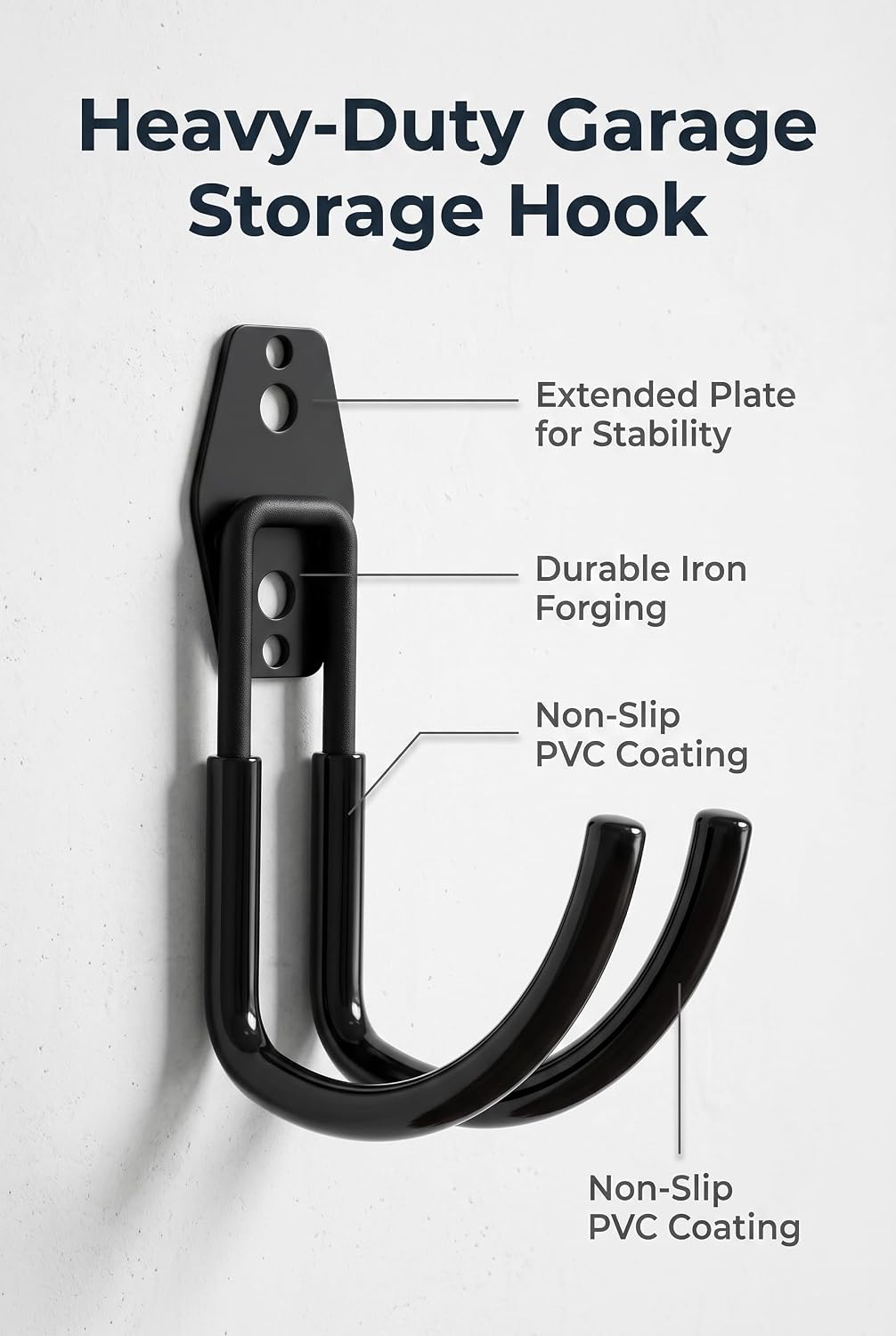 2 PCS U Shape Iron Garage Storage Hooks, PVC Anti Slip Anti Rust Wall Hooks, Heavy Duty Utility Wall Mount Hooks for Bike Ladder Garden Tool Organizer Black image 3