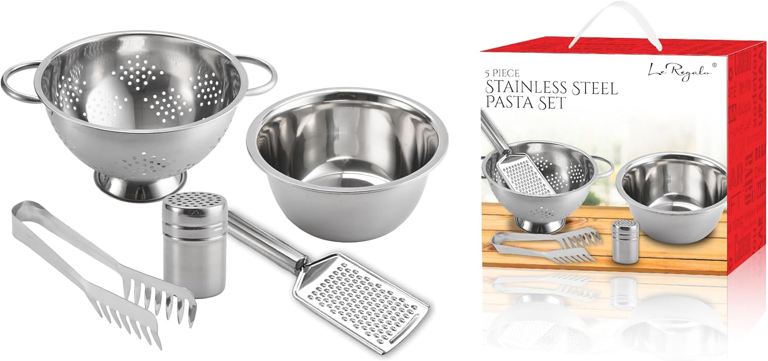 5 Piece Stainless Steel Pasta Set - Mixing Bowl, Colander, Grater, Tongs, Spice Dispenser - Durable and Dishwasher Safe