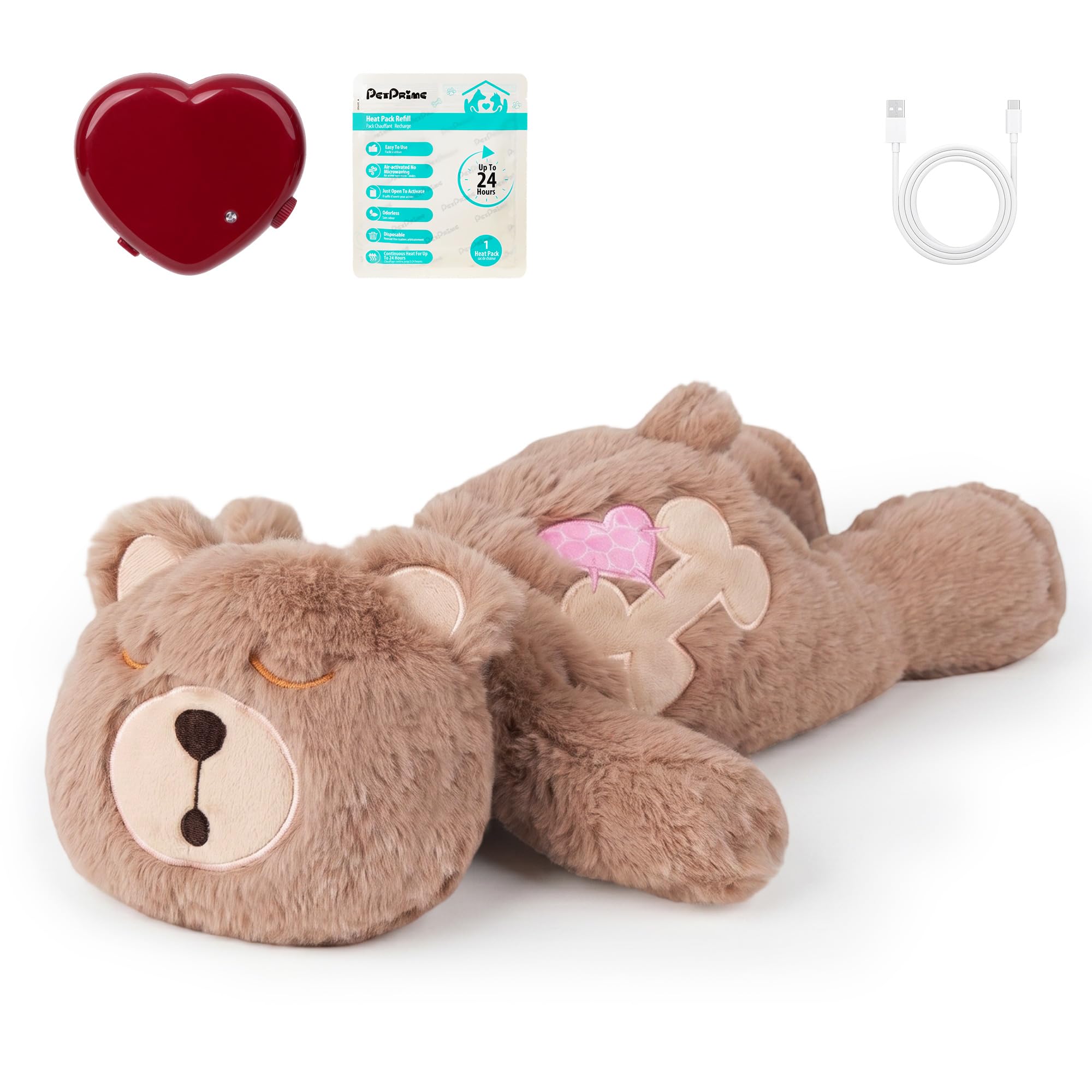 Pet Prime Heartbeat Toy for Puppy with Heat Pack, Stuffed Bulldog Plush Toy for Sleep Aid and Soothes Dog Separation Anxiety, Soft and Cuddly Companion (Floppy Bear)