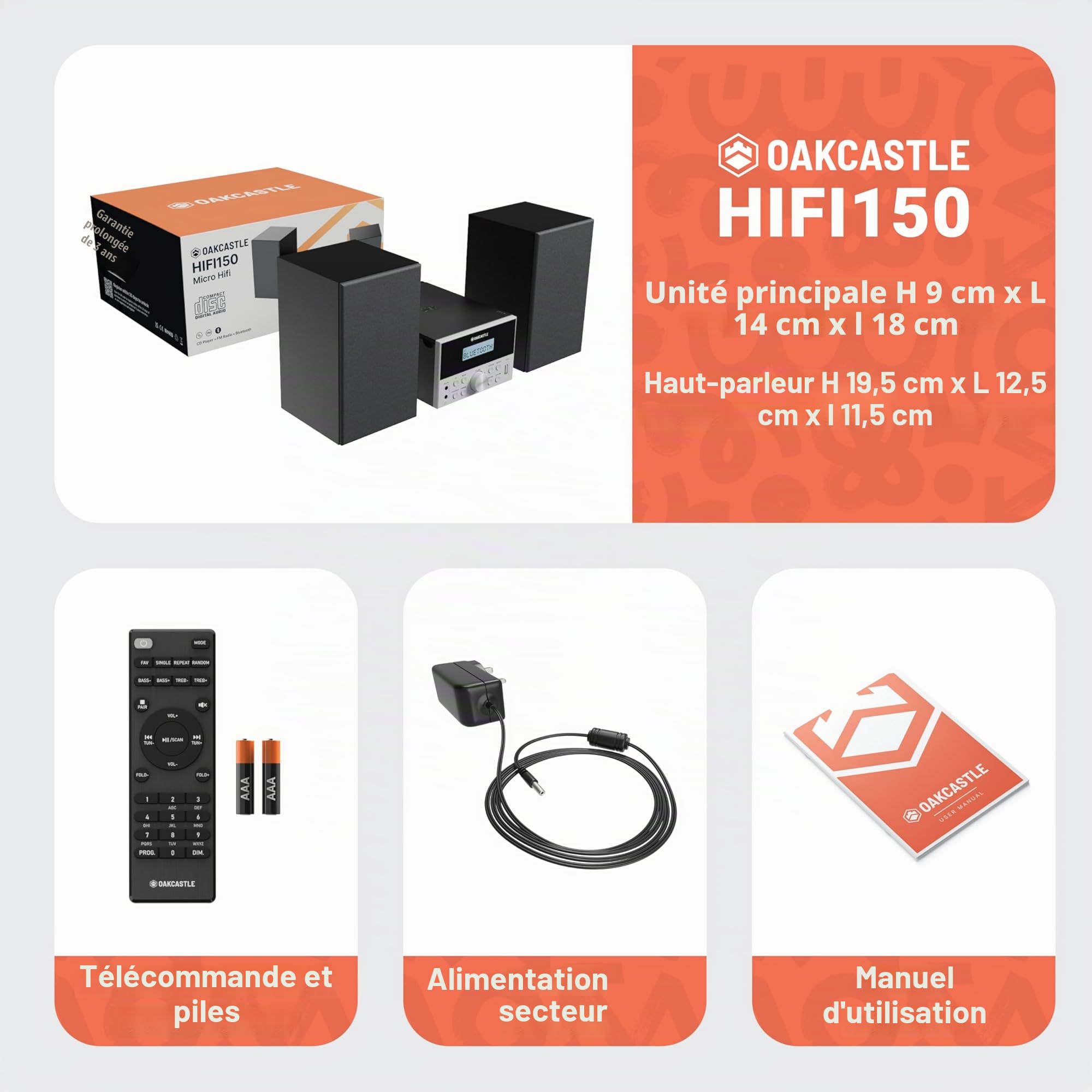 Lecteur CD Bluetooth 5.2 avec haut-parleurs | Puissant chaine HiFi compact de 20W | Radio FM, 30 préréglages, télécommande incluse | USB, AUX, lit les MP3, les CD, les CD-R | Oakcastle HIFI150