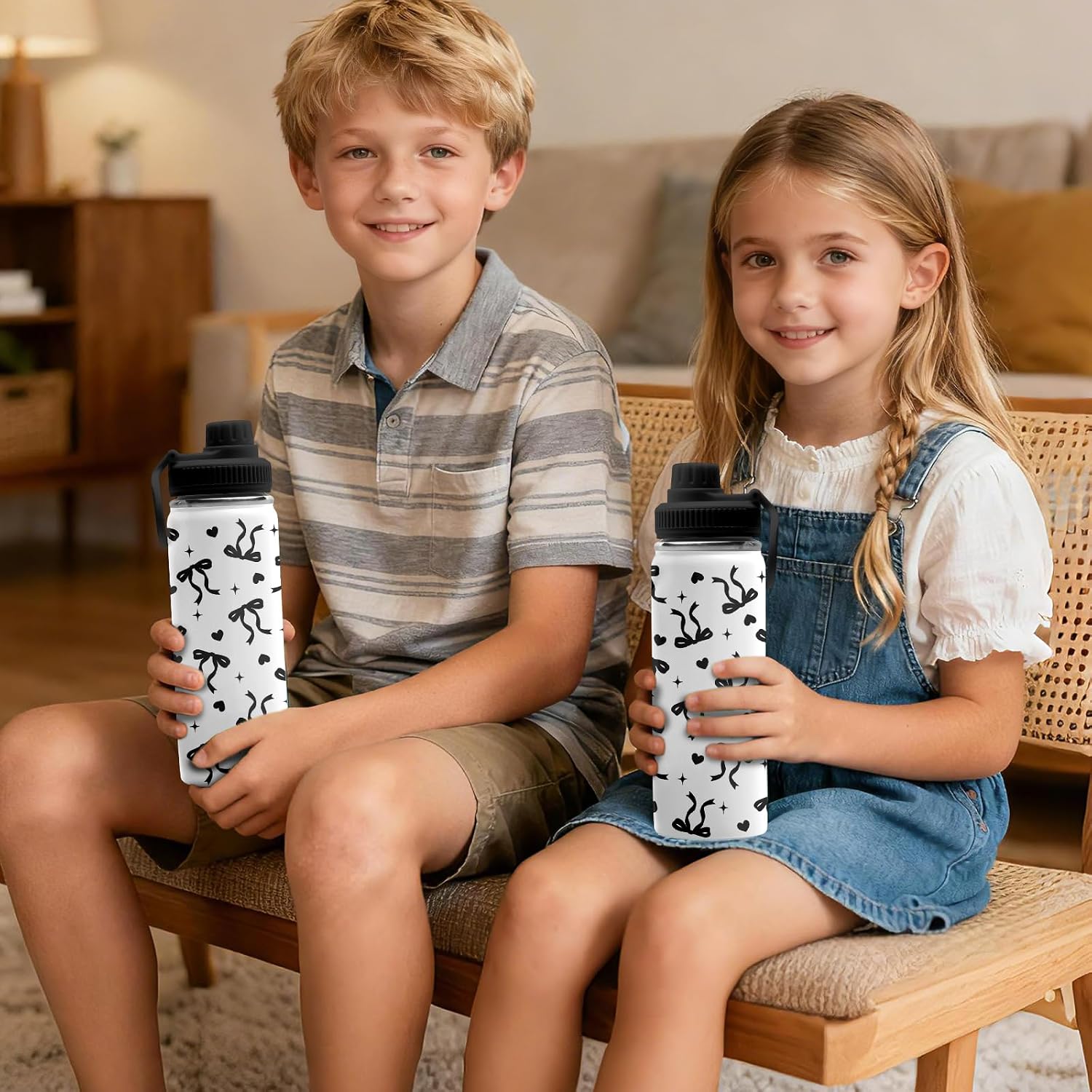 Cute Bow 18 oz Water Bottles with 2 Lids, Black Insulated Water Bottle with Straw, Cute Cups Mug for School Travel Sports Outdoor, Bow Gifts for Girls Women Sisters