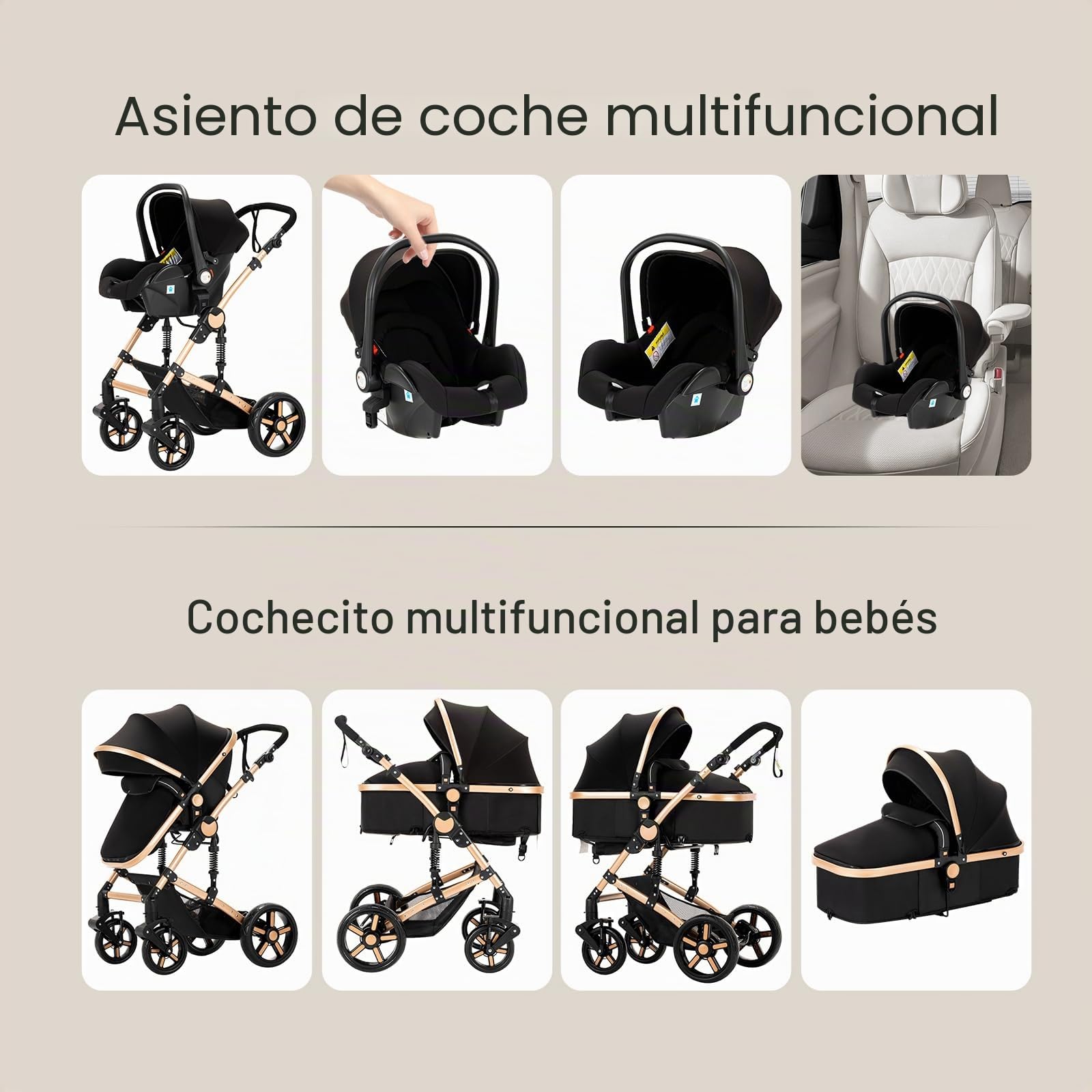 Carrito Bebe 3 en 1, Carrito Bebe con Diseño Portátil Plegable de Un Clic, Carro de Bebe 3 Piezas con Empuje Reversible de Dos Vías, Cochecito Bebe 3 Piezas con Accesorios (588 Black Gold)