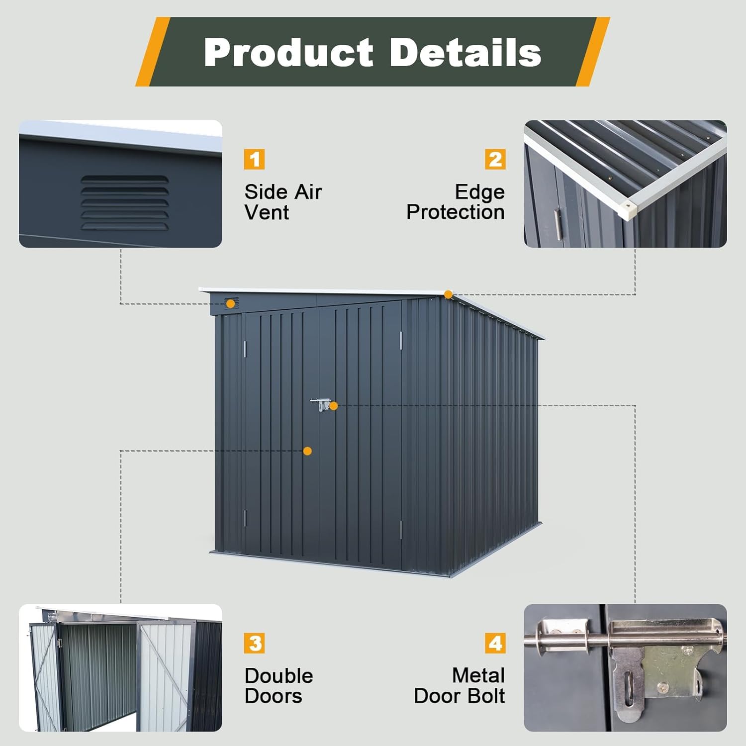 6x8 FT Metal Storage Shed with Skylight, Metal Lean to Garden Shed with Lockable Double Doors for Garden Tools, Lawn Mower, Motorcycle, Outside Storage Shed Waterproof for Backyard, Patio