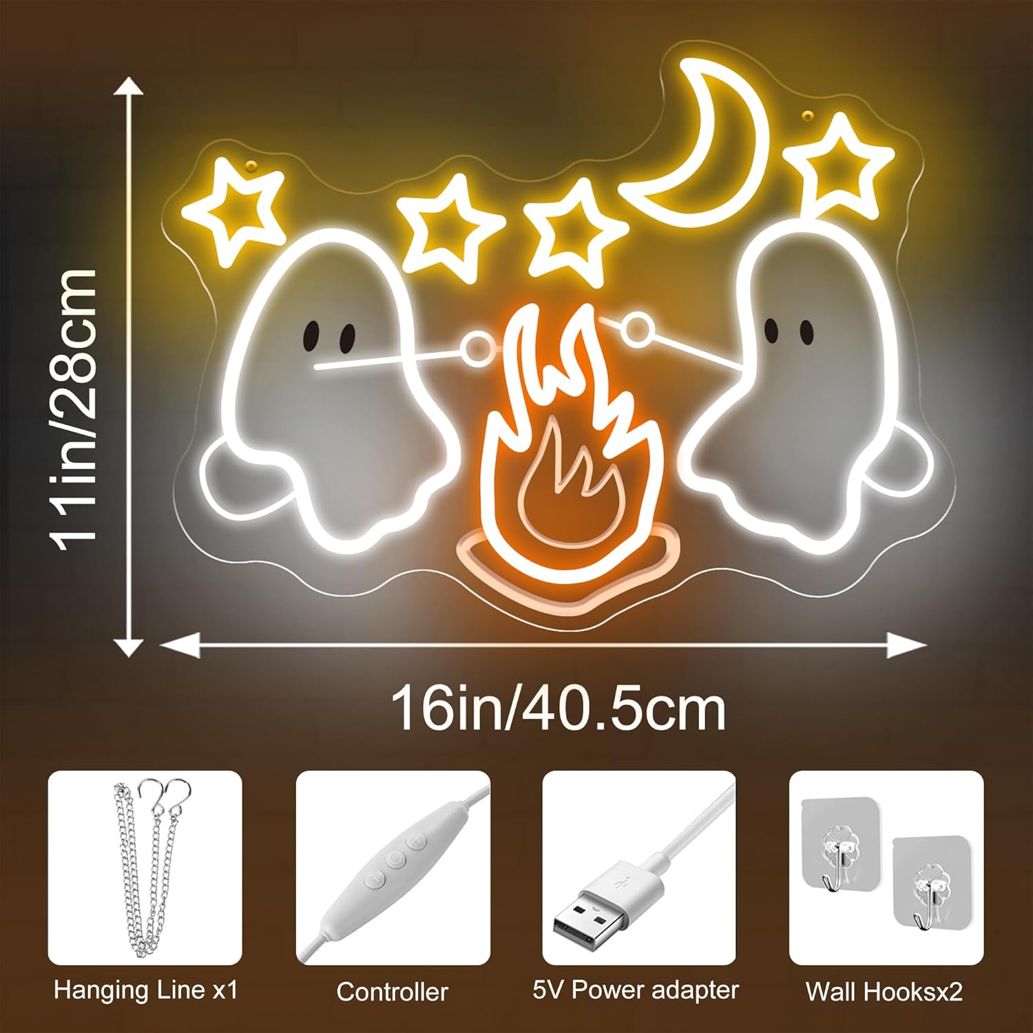 Ghost Grilling Neon Sign – 16x11in LED Wall Light – Adjustable Brightness – Fire Design – Spooky Halloween Decor for Kids Room, Bar, Party, or Gift