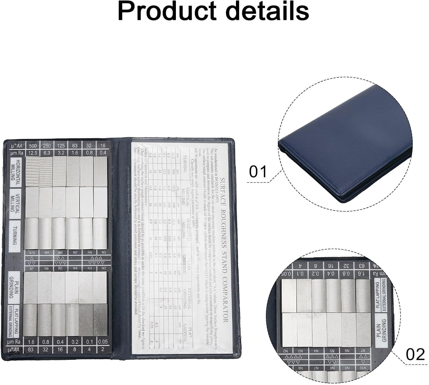 Exterior Face Roughness Comparison Sample Block Kit Ra0.05-12.5mm with 30 Calibrated Pieces for Turning Milling Grinding Polishing Inspection in CNC Metalworking Quality Control