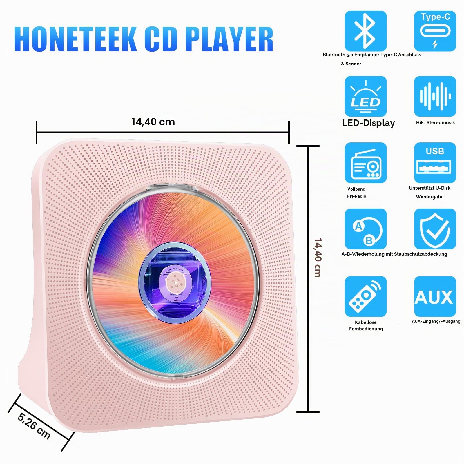 Tragbarer CD-Player mit Bluetooth, HoneTeek Desktop-Player für Heim-HiFi-Lautsprecher, CD-Musik-Fernbedienung, Timer und FM-Radio, Boombox, USB-AUX, LED-Bildschirm-Display (Rosa), (JZBA-CDBA02PK)