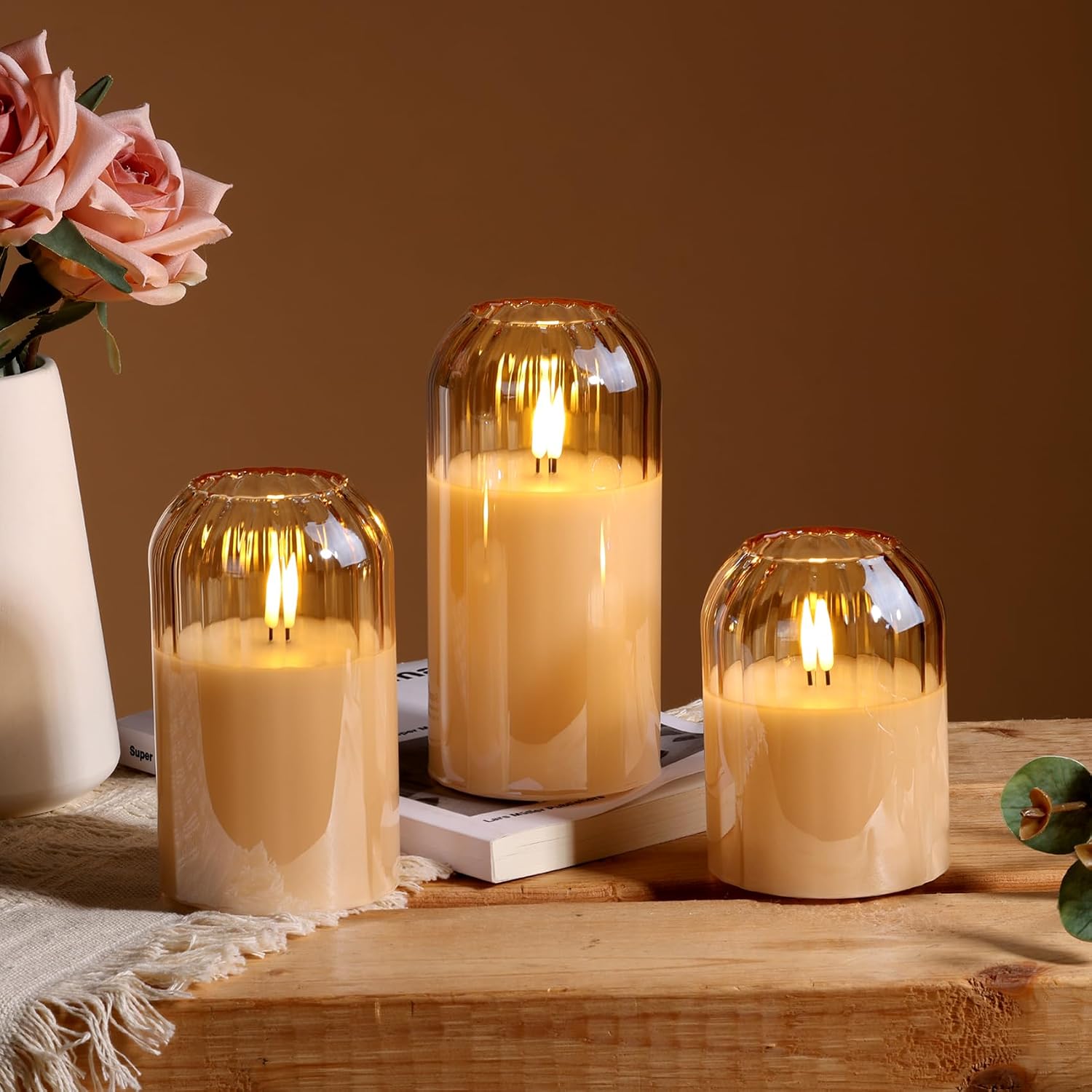 Gold Glass Flameless Candles with Remote, Real Wax Flickering Battery LED Pillar Candles Set of 3