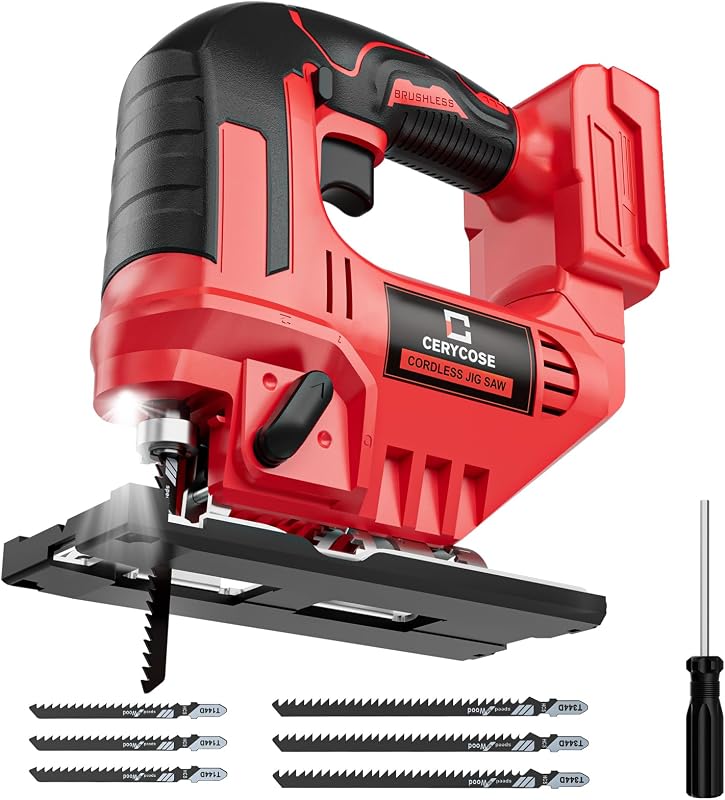 Cerycose Jigsaw Compatible With Milwaukee 18V Battery, Cordless jig saw tool With LED Light, 0°- 45° Bevel Cuts, 3 Position Orbital Setting for Straight/Curve/Bevel/Circle Cutting, Tool Only