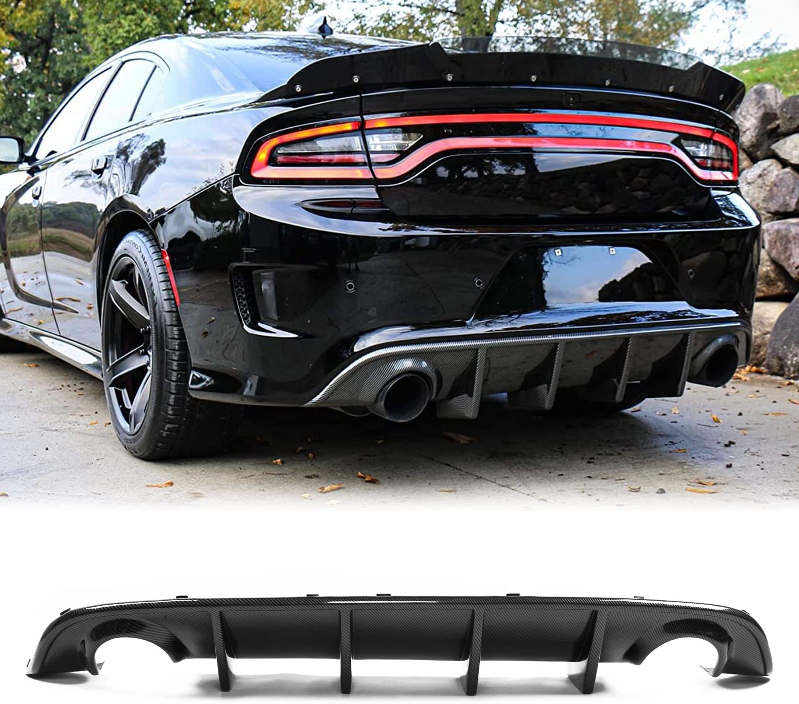 FREEMOTOR802 Rear Diffuser Compatible with 2015-2023 Dodge Charger SRT | OE Factory Style Carbon Fiber Print PP Rear Bumper Molding Lower Lip Splitter Spoiler Shark Fin Valance Panel