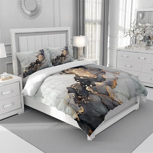 Miniatura 3 de FSTFLI Juego de funda de edredón abstracta de mármol gris y negro con lentejuelas doradas con diseño de cremallera, 1 funda de edredón + 2 fundas de