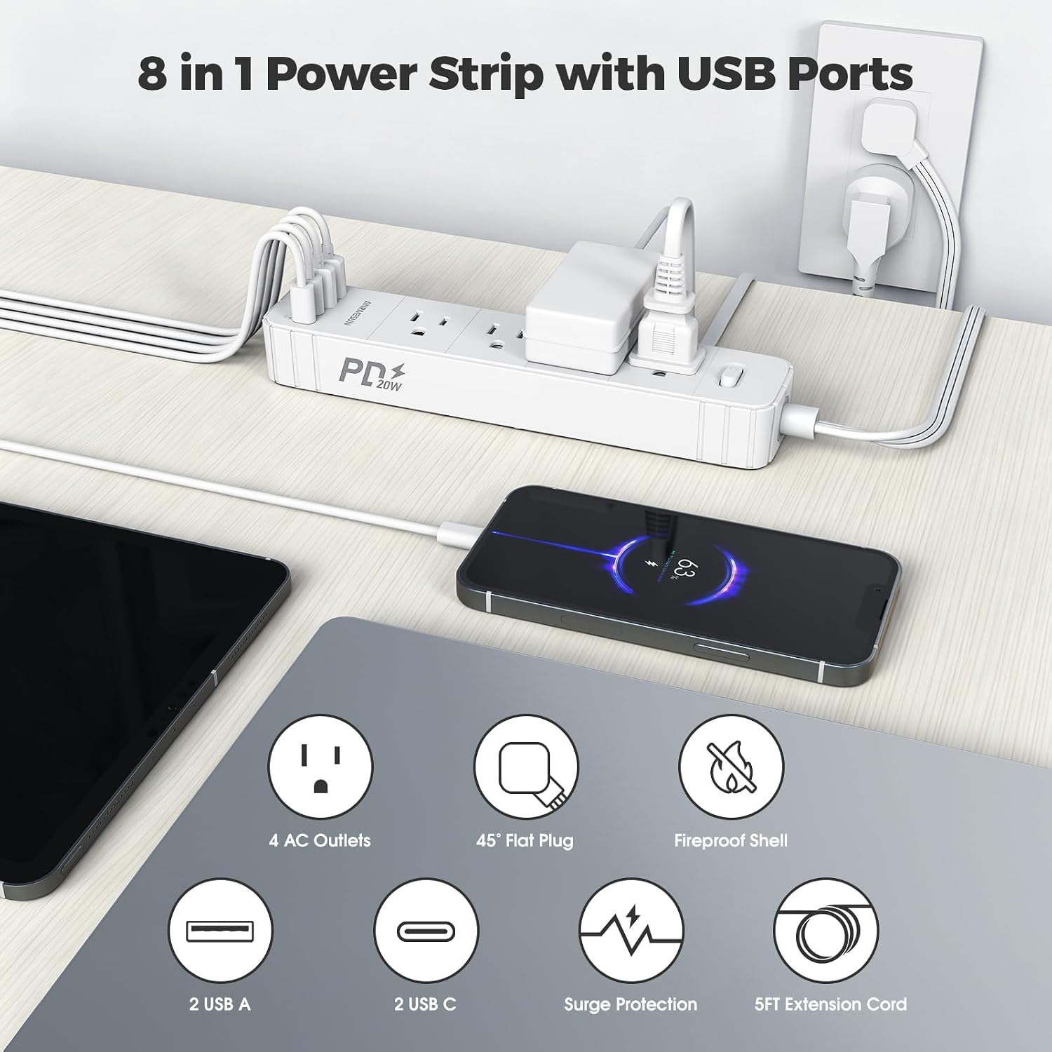 Flat Plug Power Strip, Surge Protector with 4 AC & 4 USB Ports (PD20W) image 2