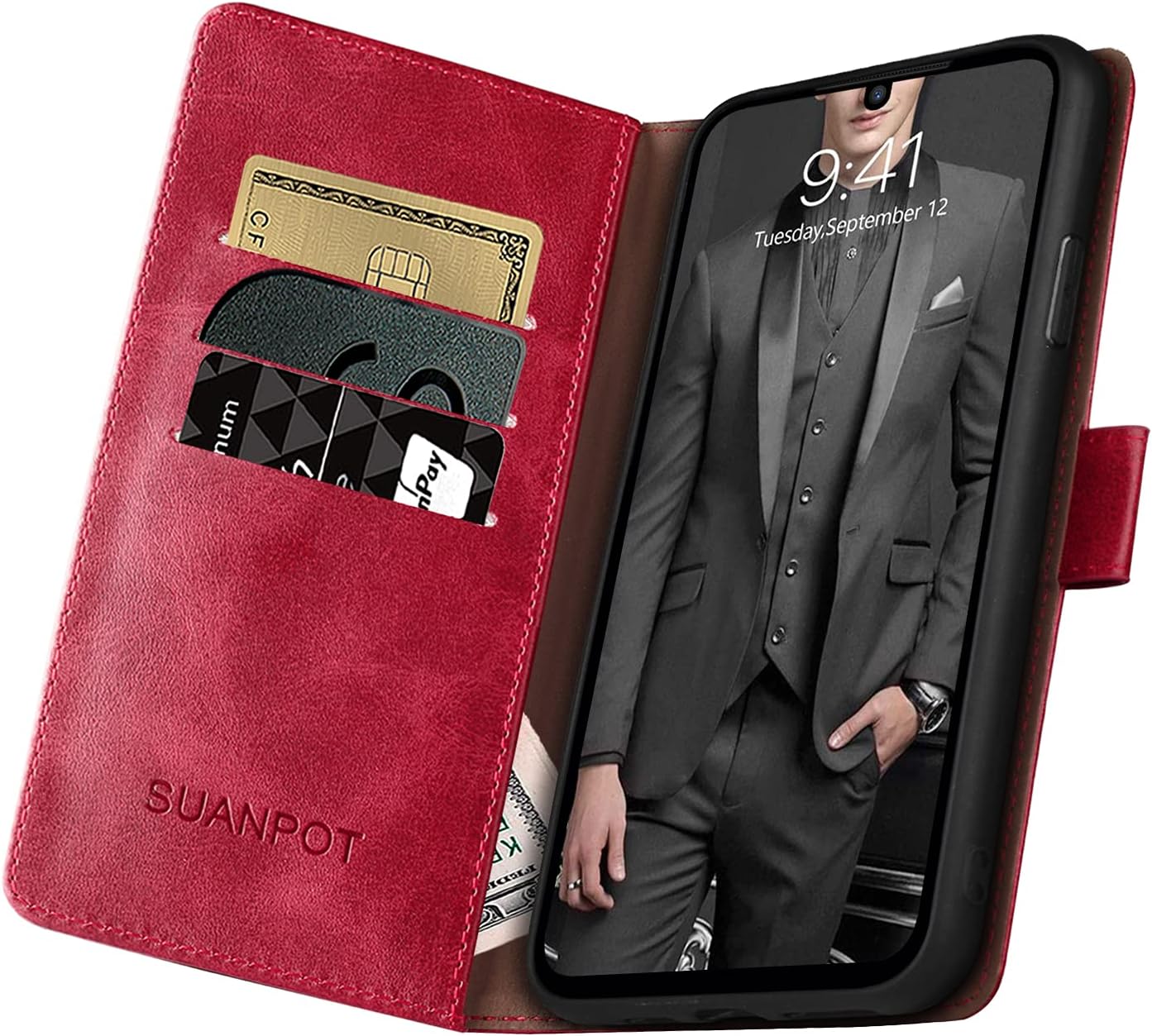 SUANPOT for LG Velvet 5G with RFID Blocking Leather Wallet case Credit Card Holder, Flip Folio Book Phone case Shockproof Cover LG Velvet 5G case Women Men for 2020 LG Velvet case Wallet Red