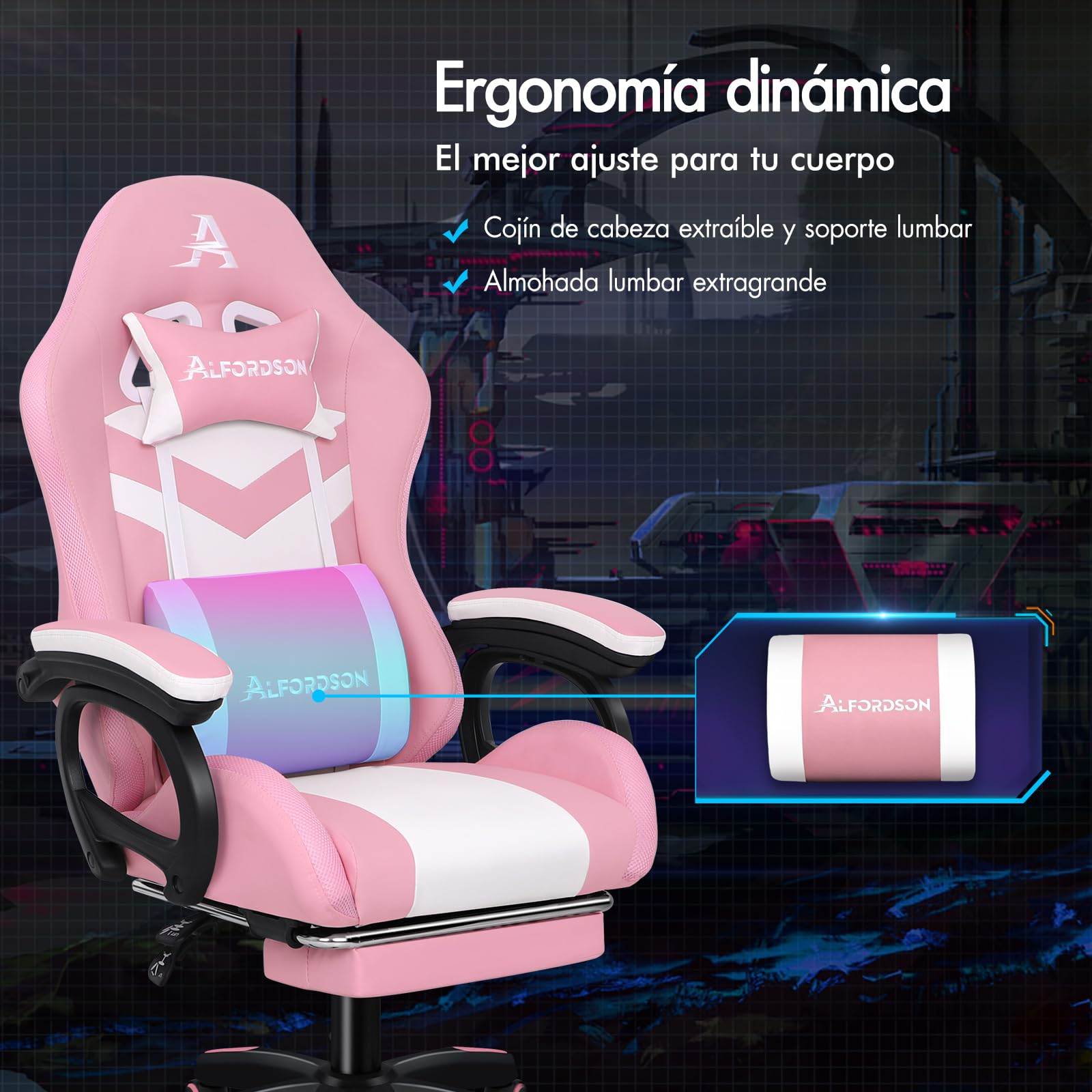 ALFORDSON Silla Gaming con Masaje y LED, Silla Gamer Ergonómica con Cojín Lumbar y Cervical, Reposapiés Telescópico, Iluminación para Ordenador, Videojuego, Juegos, Oficina, Cuero PU(Rosa)