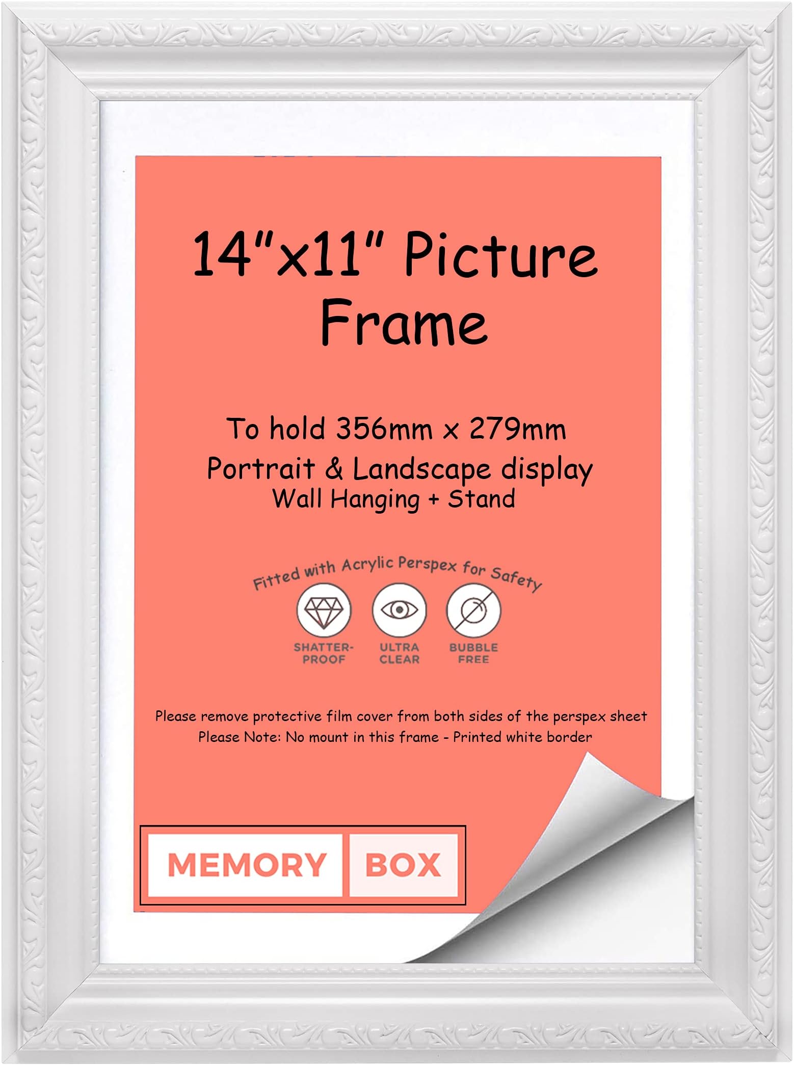 White – 14" x 11" Ready to hang or stand Ornate Shabby Chic Picture/Photo/Poster frame with High Clarity Styrene Shatterproof Perspex Sheet & MDF backing board