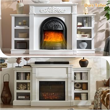 78 Birdcage-Style Electric Fireplace with Mantel, 46 Tall Fireplace TV Stand for 90 TV, Farmhouse Entertainment Center with Storage & Replaceable Insert Heater for Living Room, White