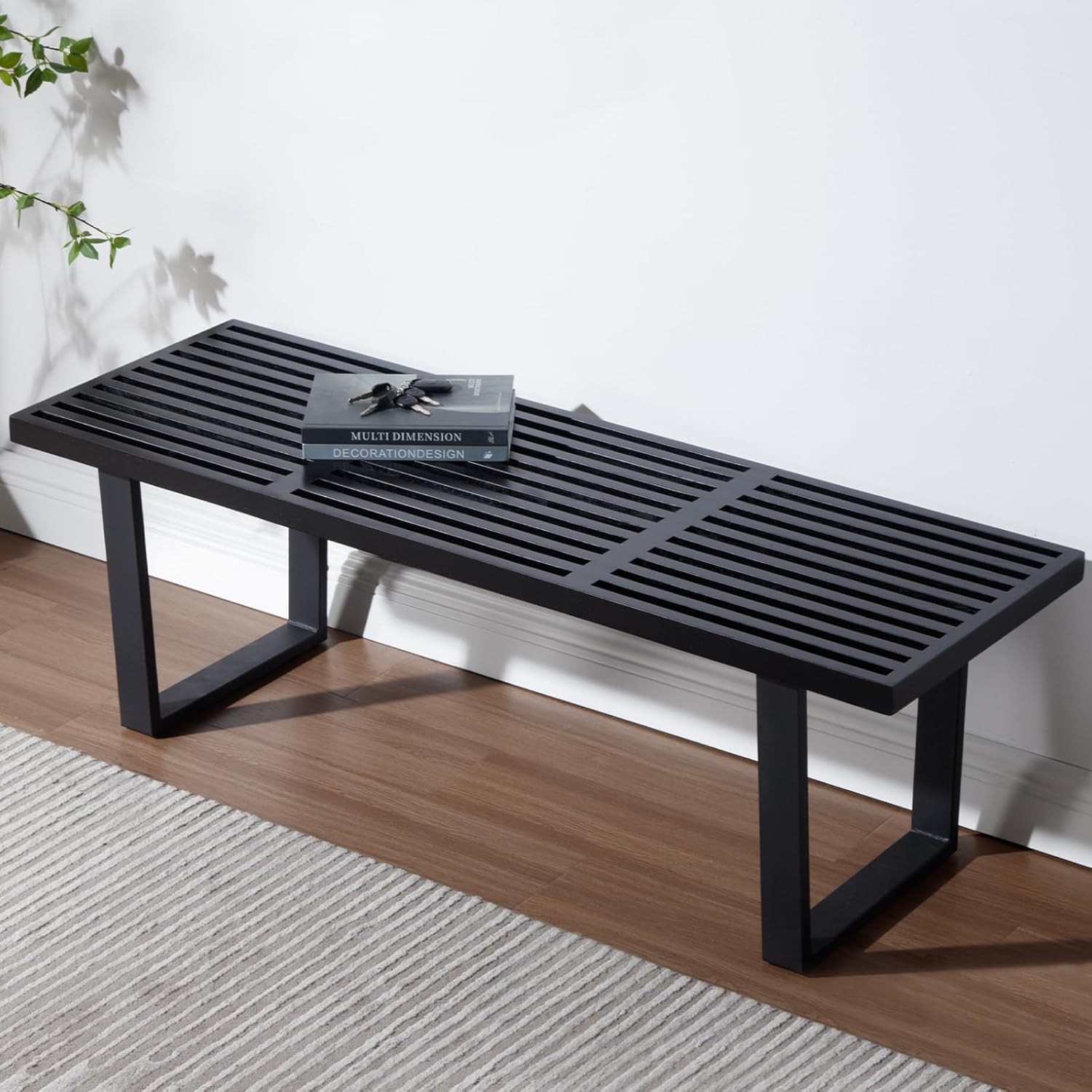 55" Black Wood Entryway Bench, Industrial End of Bed Bench for Bedroom, Wooden Dining Bench with Black Metal Frame, Long Bench Ottoman Bench for Living Room Foyer Indoor Hallway