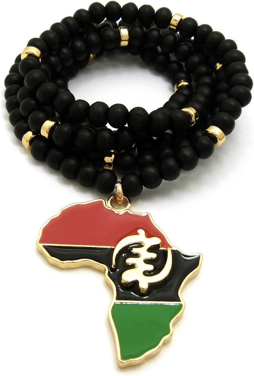 CBC Crown Slanted Pan African Colored Africa Map Continent Pendant on Wooden Bead Necklace