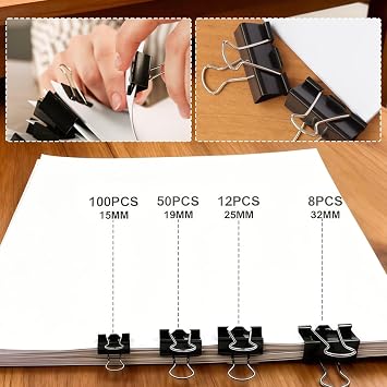 170Pcs Binder Clips,Assorted Sizes Bulldog Clips 32mm 25mm 19mm 15mm Metal Foldback Clips Paper Clips Clamps for Office Supplies, Home, Kitchen, Shops, School Document Organizing (Black)