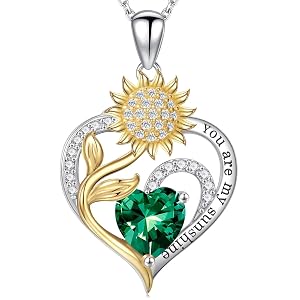 Iefil Valentines Day Gifts for Her - Sunflower Heart Birthstone Necklace Gifts for Women Anniversary Birthday Gifts for
