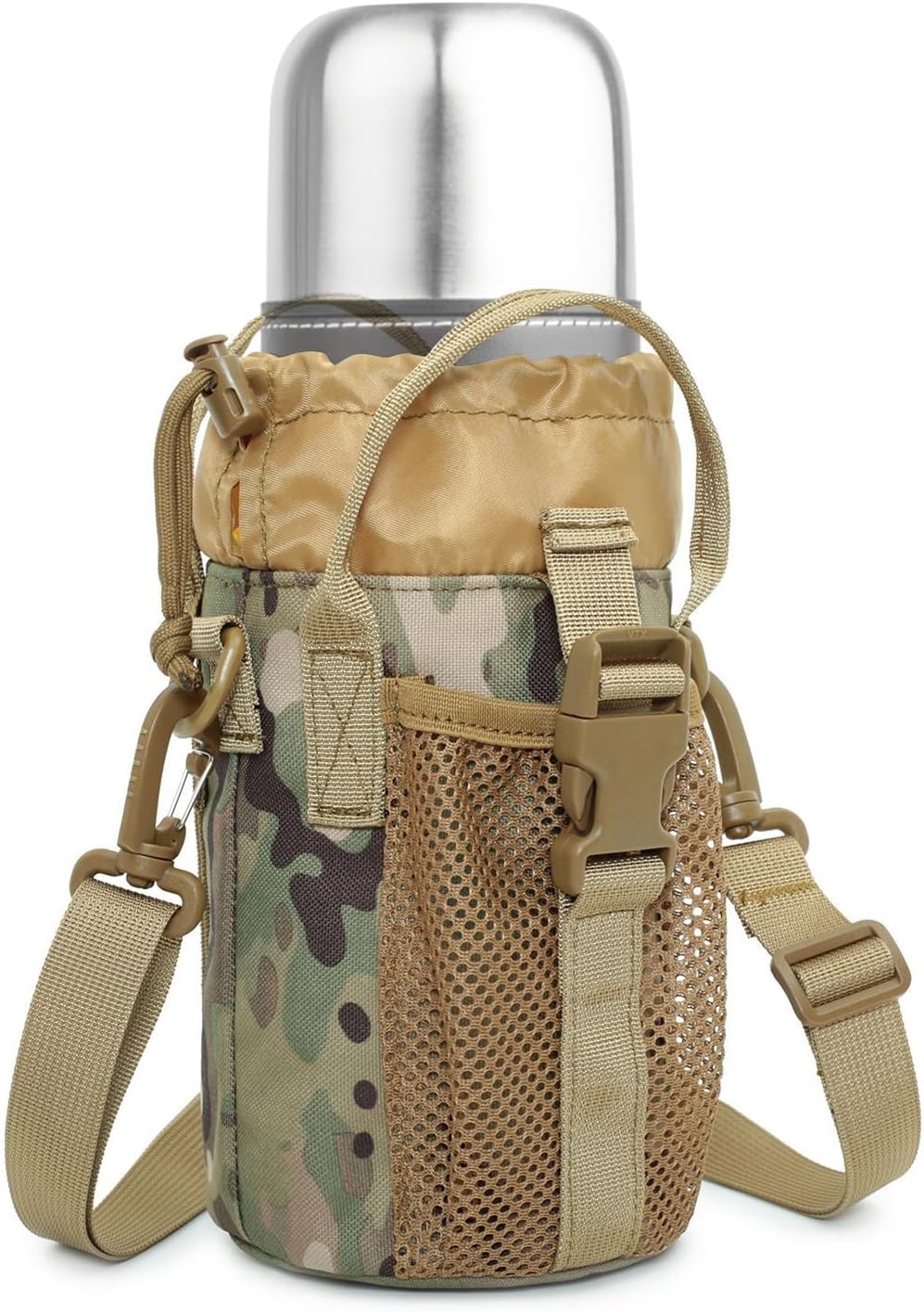 Drawstring Large Molle Water Bottles Pouch for 1.5 liter/ 52 oz bottles with Adjustable Shoulder Strap and Hand Strap, Molle Bottle Holder Sports Water Bottle Accessories for Hiking Camping