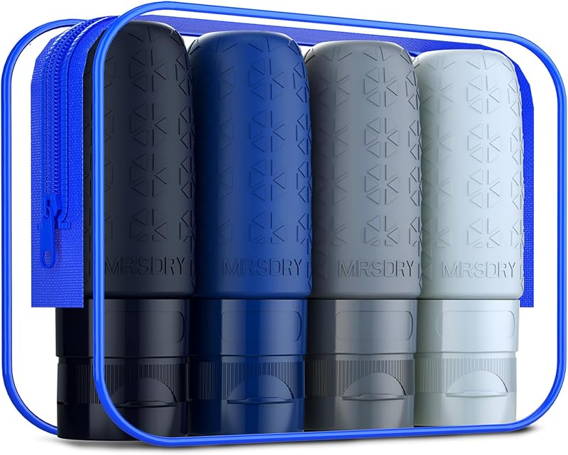 Mrsdry Frascos de Silicone Recarregáveis para Viagem, 60 mL, Pacote com 4 e Bolsa com Zíper