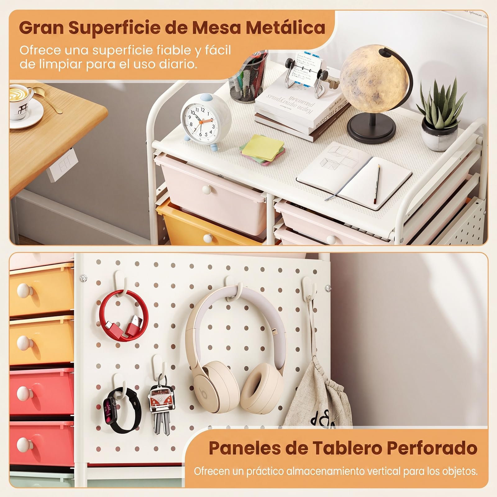 COSTWAY Carro de Almacenamiento con 14/15 Cajones, Carrito Auxiliar de Plástico con Tablero Perforado, Ruedas con Freno, Estructura de Metal, Organizador Rodante para Hogar Oficina (Macaron,15)